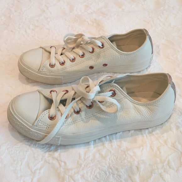 white leather and rose gold converse